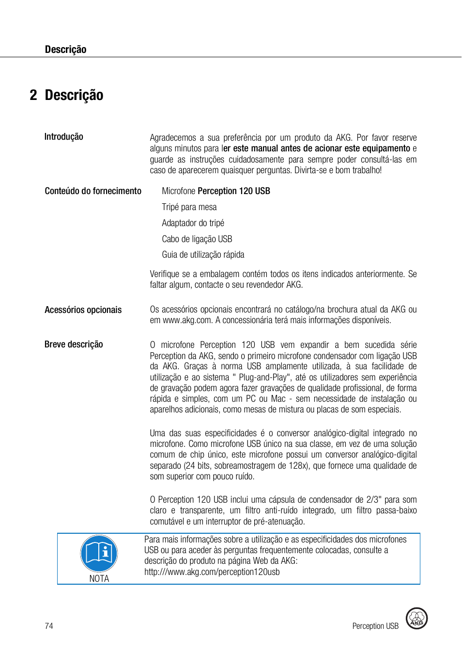 2descrição | AKG Acoustics PERCEPTION 120 User Manual | Page 74 / 85