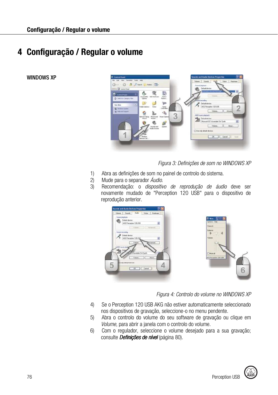 4configuração / regular o volume | AKG Acoustics PERCEPTION 120 User Manual | Page 76 / 85