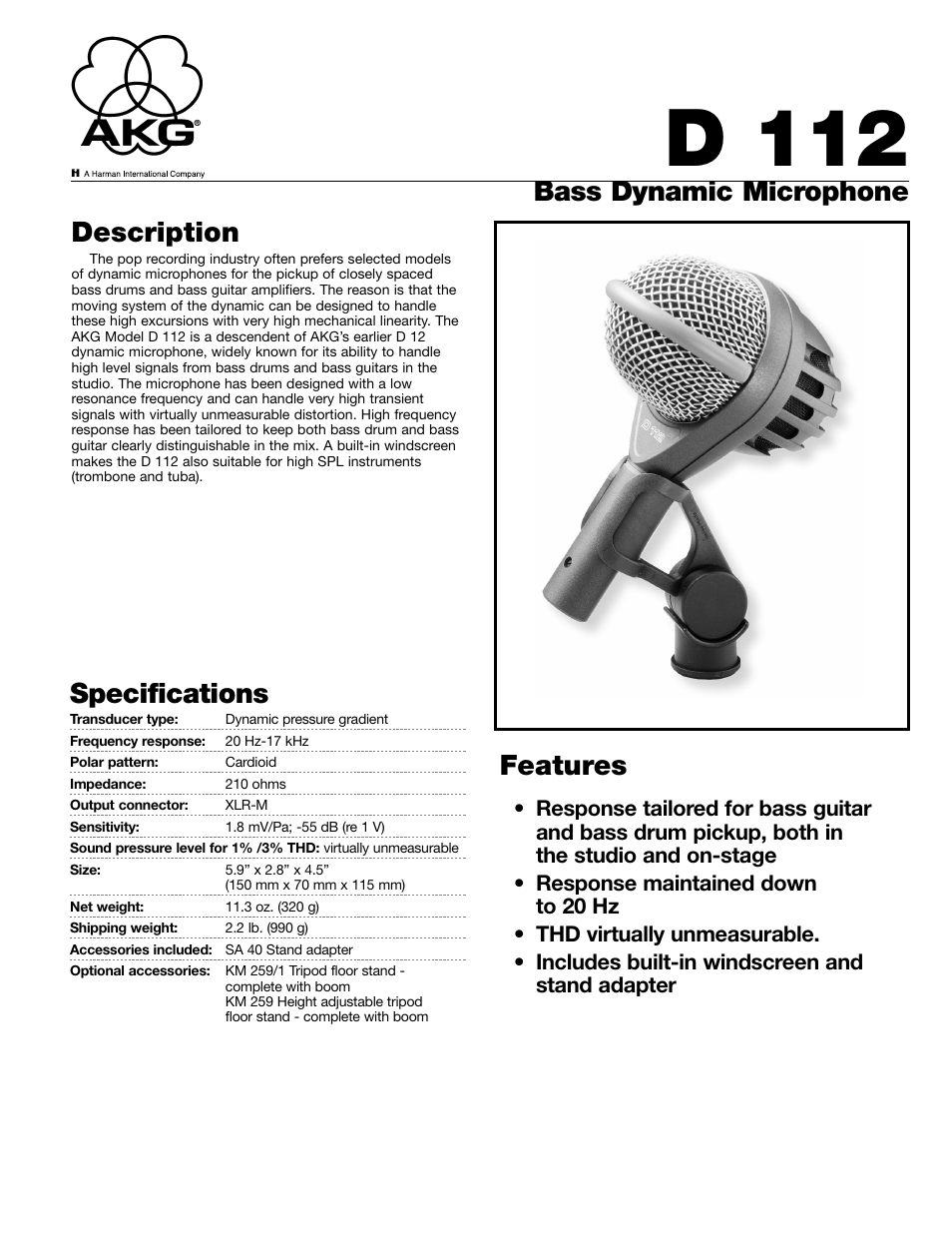 AKG Acoustics D112 User Manual | 2 pages