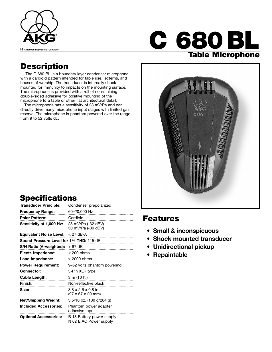 AKG Acoustics C680BL User Manual | 2 pages