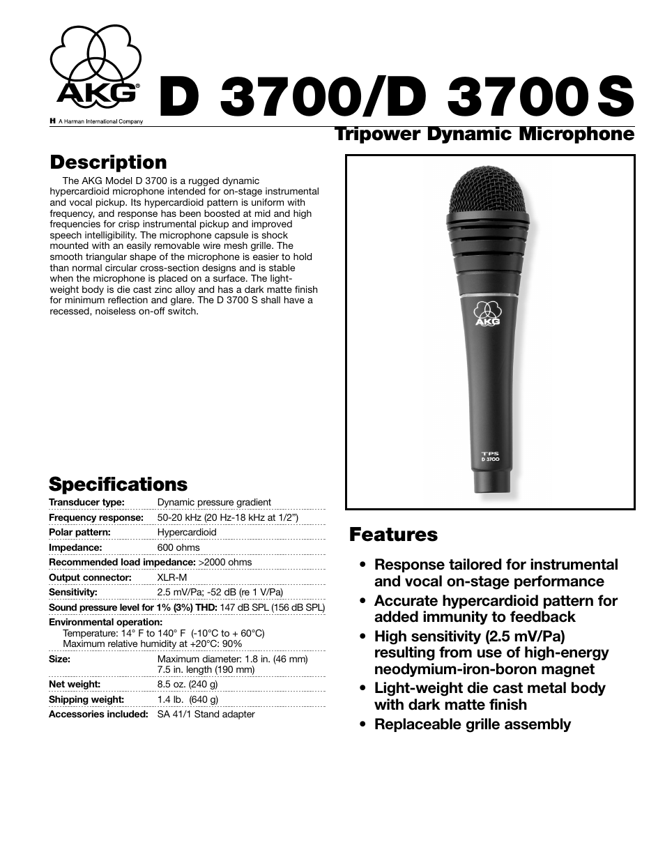 AKG Acoustics D 3700 User Manual | 2 pages