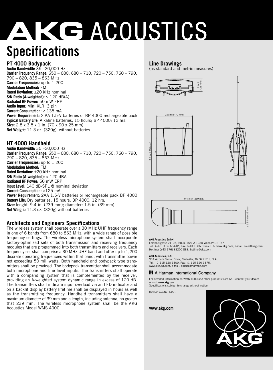 Specifications, Line drawings, Pt 4000 bodypack | Ht 4000 handheld, Architects and engineers specifications | AKG Acoustics HT 4000 User Manual | Page 2 / 2