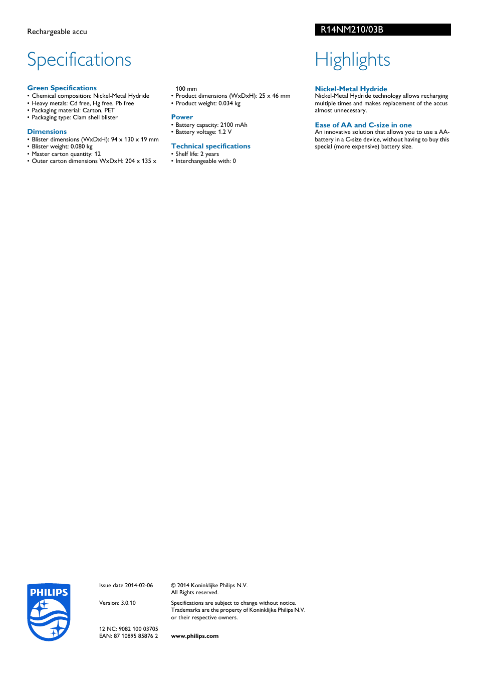 Specifications, Highlights | Philips Pile rechargeable User Manual | Page 2 / 2