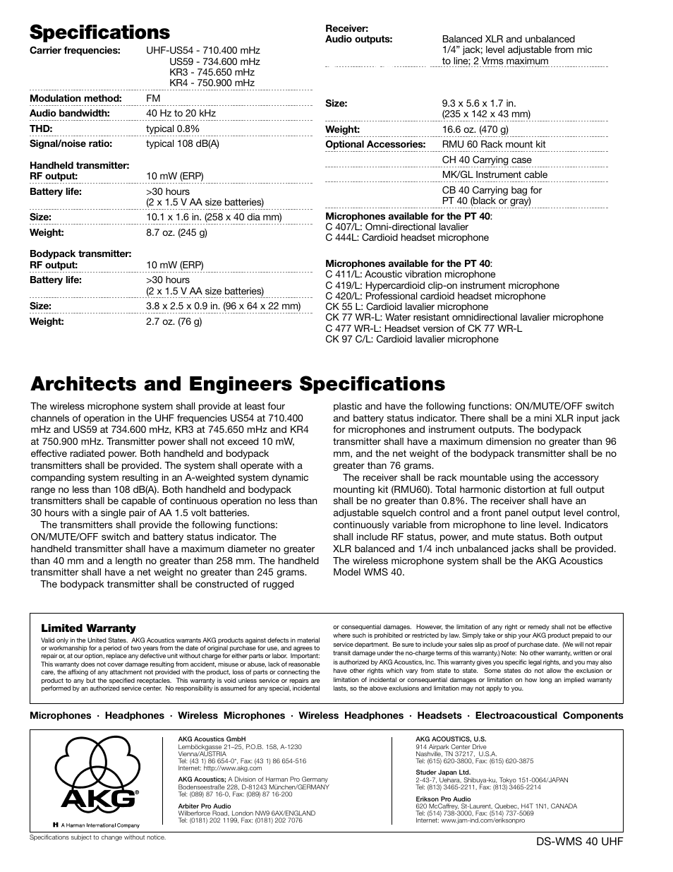 Architects and engineers specifications, Specifications | AKG Acoustics WMS 40UHF User Manual | Page 2 / 2