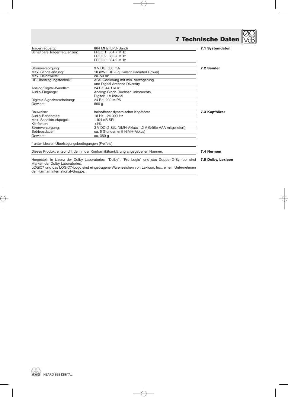 7 technische daten | AKG Acoustics HEARO 888 User Manual | Page 11 / 66