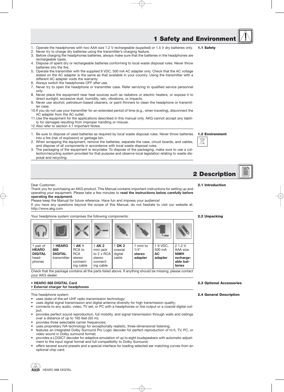 2 description, 1 safety and environment | AKG Acoustics HEARO 888 User Manual | Page 13 / 66