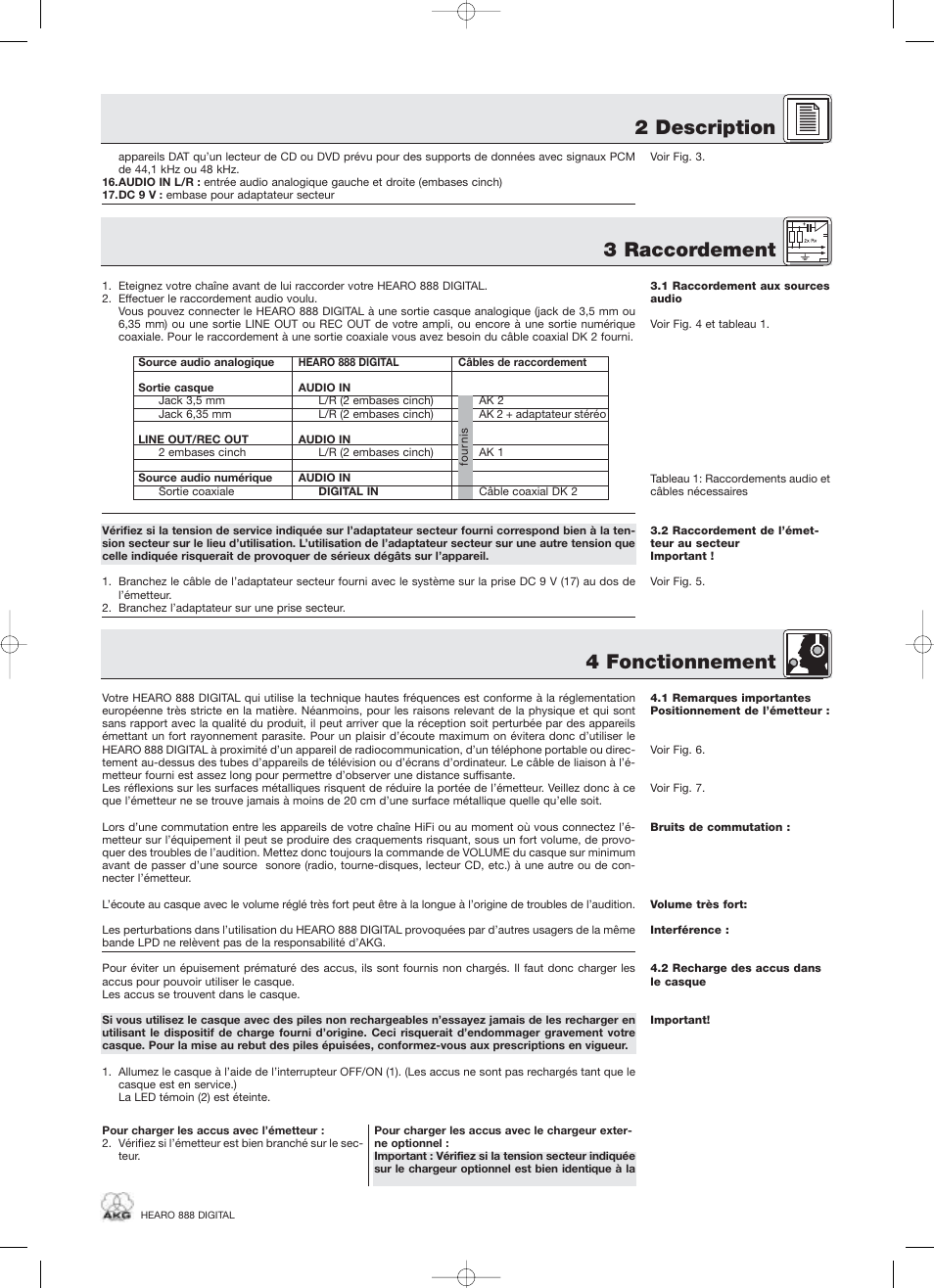2 description, 3 raccordement, 4 fonctionnement | AKG Acoustics HEARO 888 User Manual | Page 27 / 66