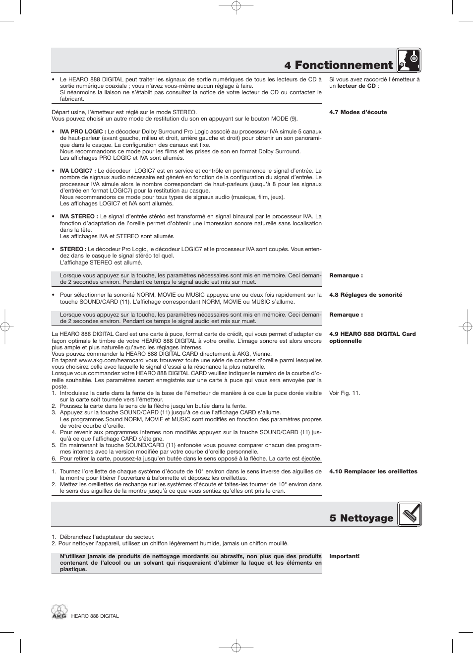 Fonctionnement, 5 nettoyage | AKG Acoustics HEARO 888 User Manual | Page 29 / 66