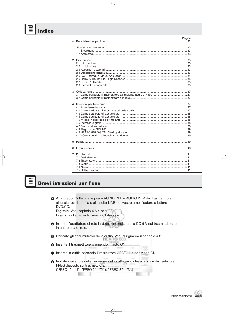 Indice brevi istruzioni per l’uso | AKG Acoustics HEARO 888 User Manual | Page 32 / 66