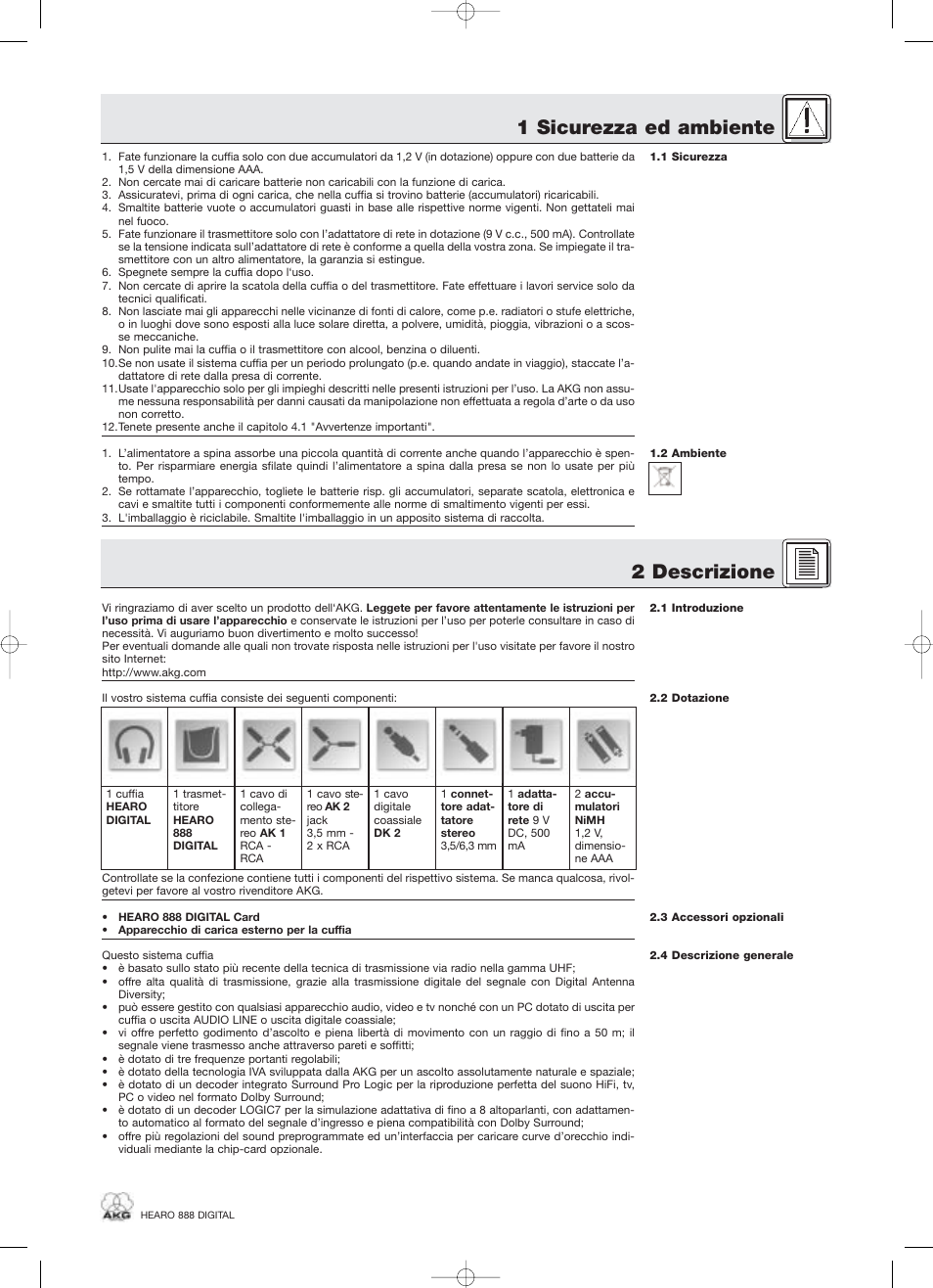 1 sicurezza ed ambiente 2 descrizione | AKG Acoustics HEARO 888 User Manual | Page 33 / 66