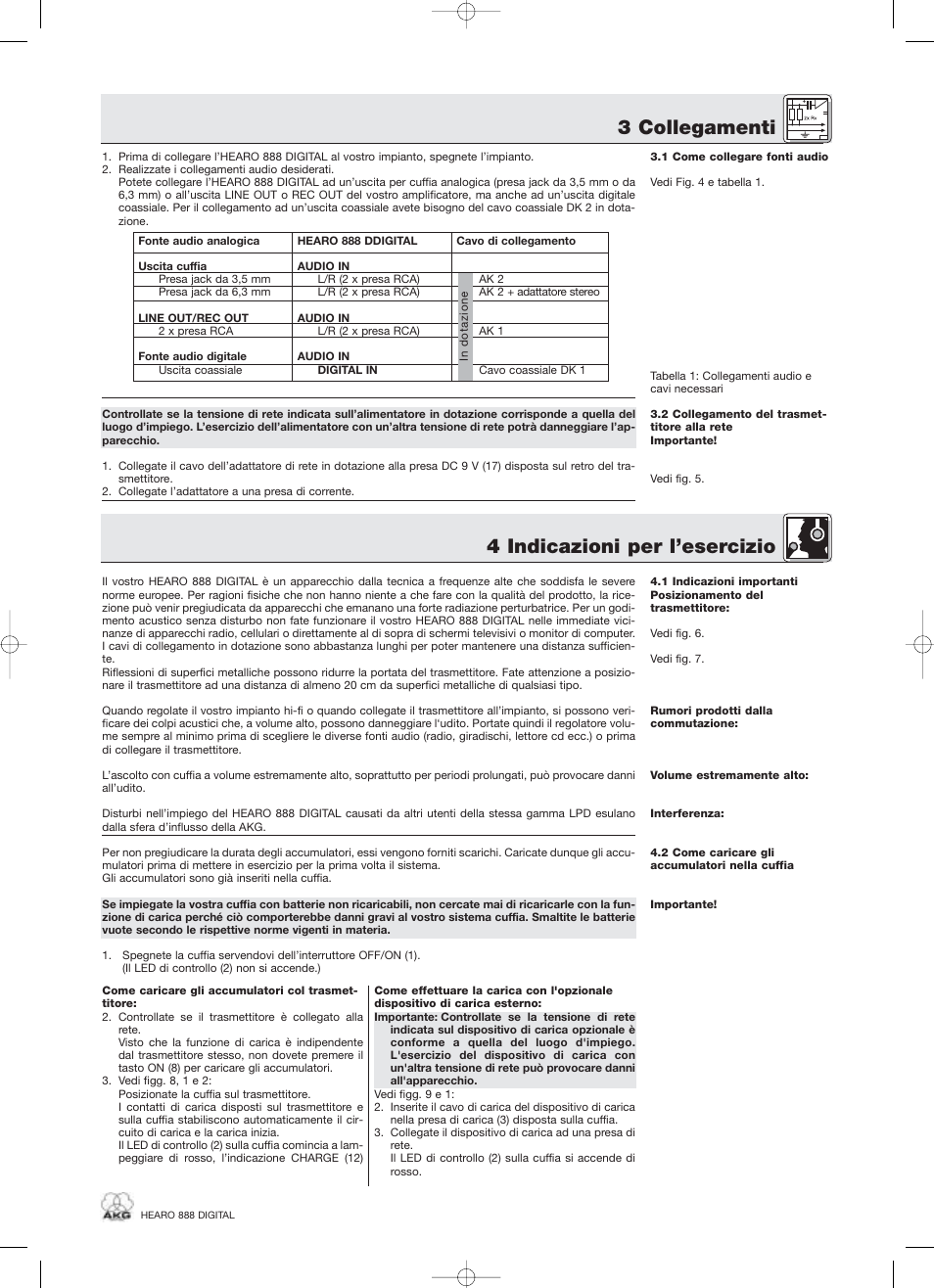 4 indicazioni per l’esercizio, 3 collegamenti | AKG Acoustics HEARO 888 User Manual | Page 37 / 66