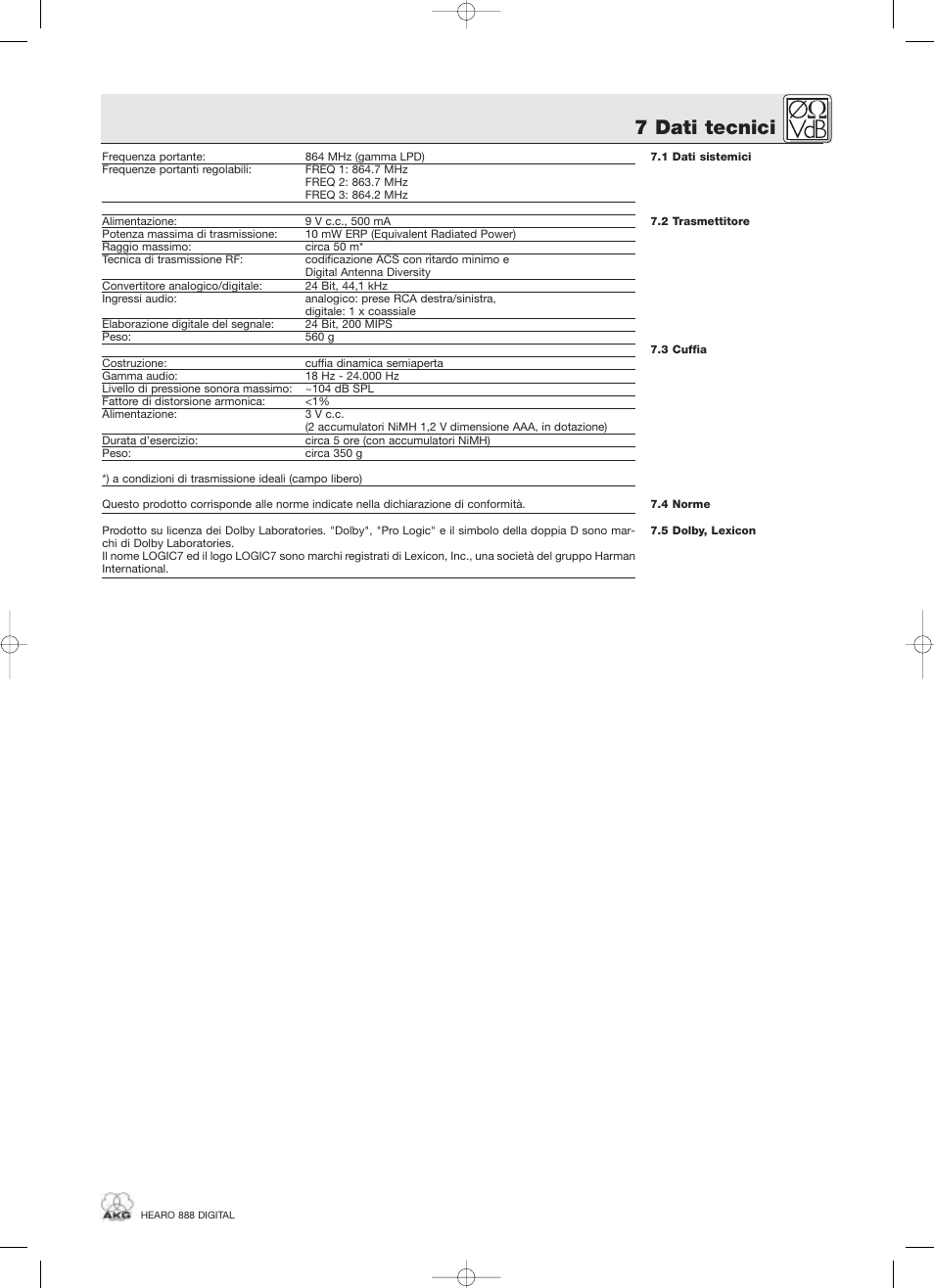 7 dati tecnici | AKG Acoustics HEARO 888 User Manual | Page 41 / 66