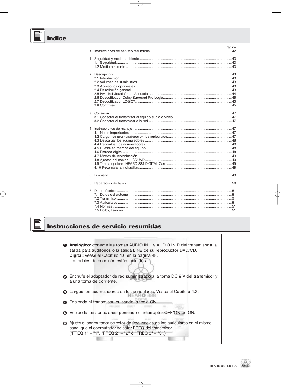 Indice instrucciones de servicio resumidas | AKG Acoustics HEARO 888 User Manual | Page 42 / 66