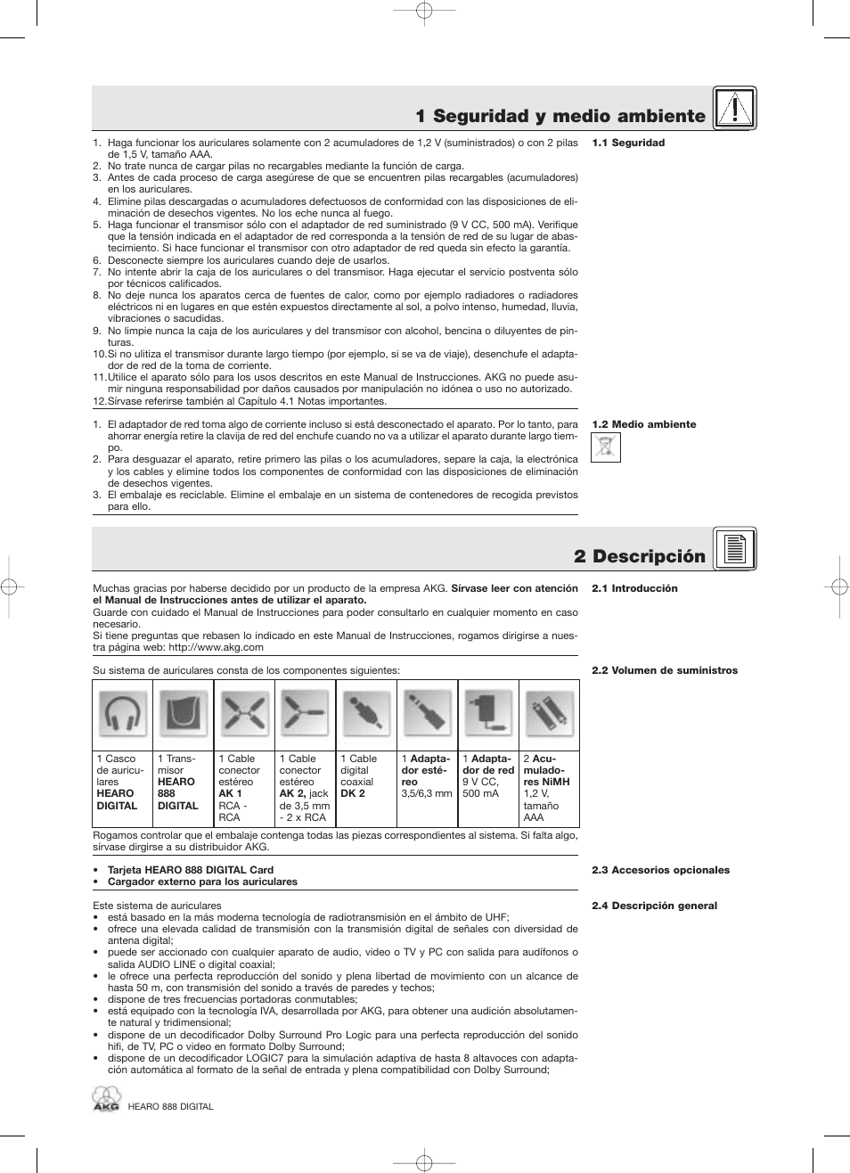 2 descripción, 1 seguridad y medio ambiente | AKG Acoustics HEARO 888 User Manual | Page 43 / 66