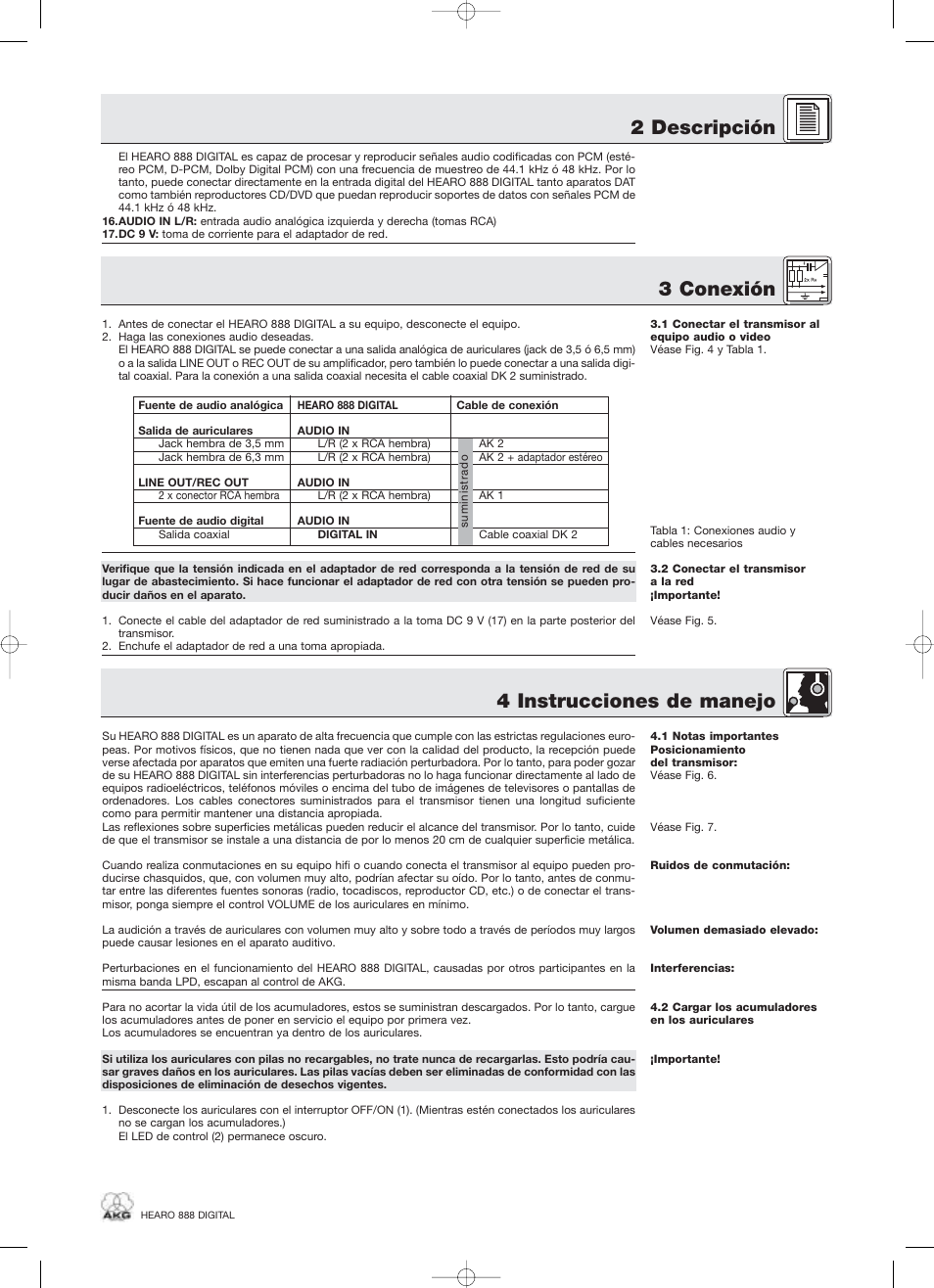 2 descripción, 3 conexión, 4 instrucciones de manejo | AKG Acoustics HEARO 888 User Manual | Page 47 / 66