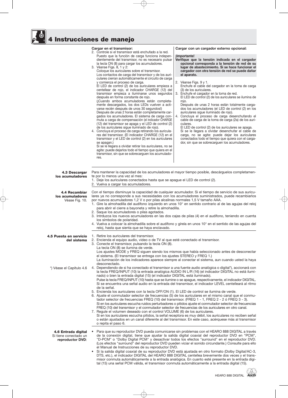 4 instrucciones de manejo | AKG Acoustics HEARO 888 User Manual | Page 48 / 66