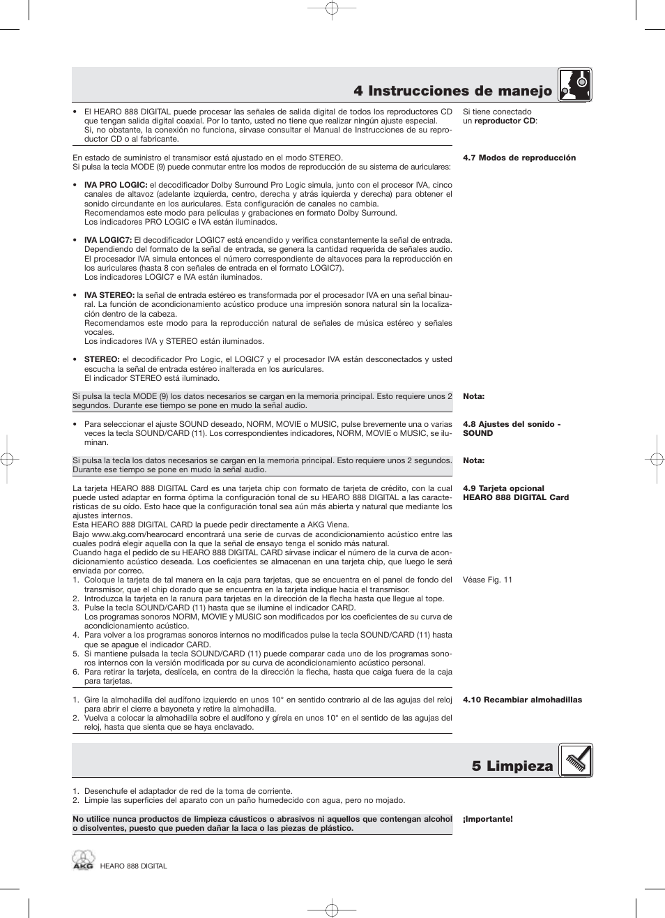 4 instrucciones de manejo, 5 limpieza | AKG Acoustics HEARO 888 User Manual | Page 49 / 66