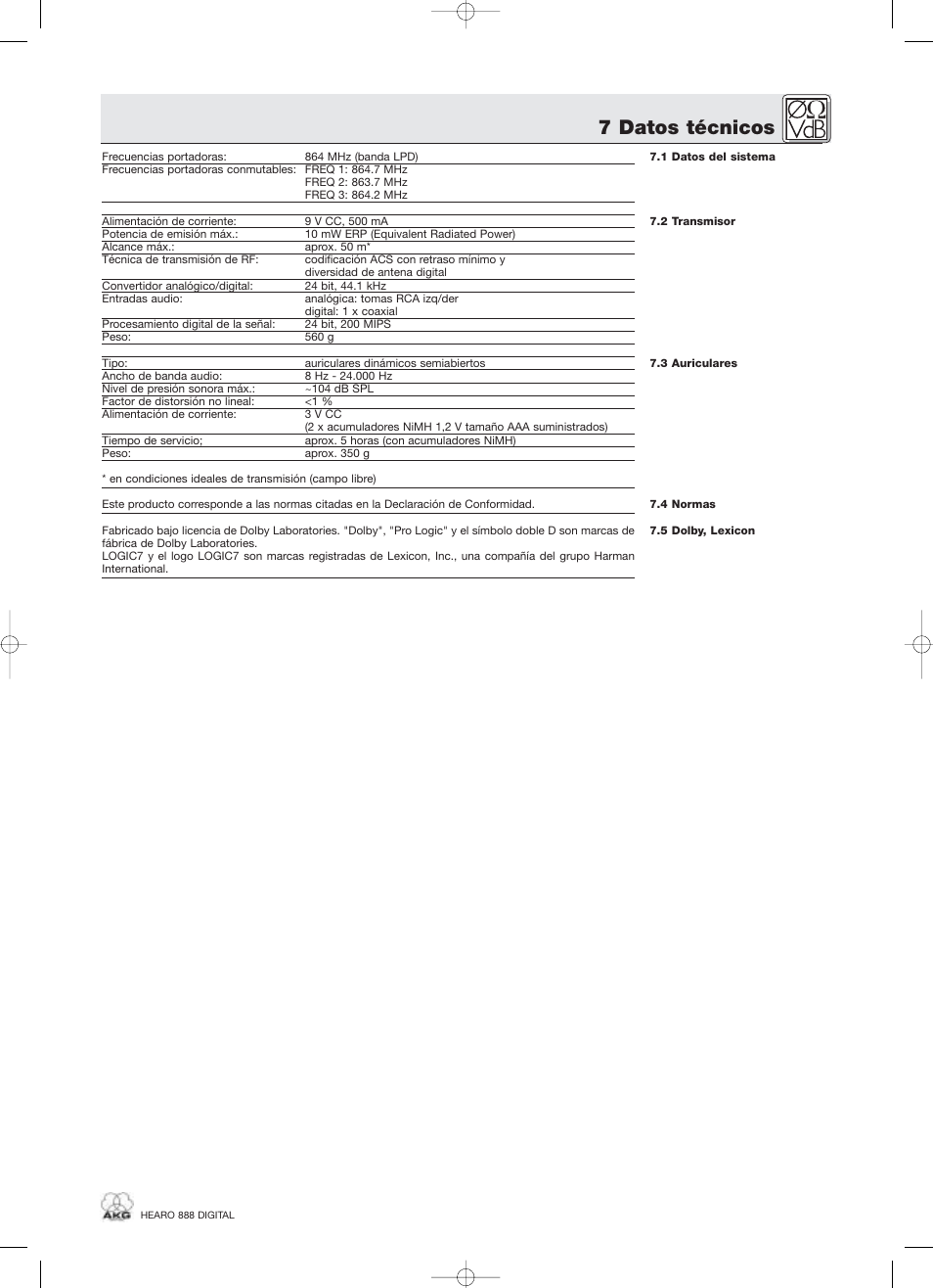 7 datos técnicos | AKG Acoustics HEARO 888 User Manual | Page 51 / 66