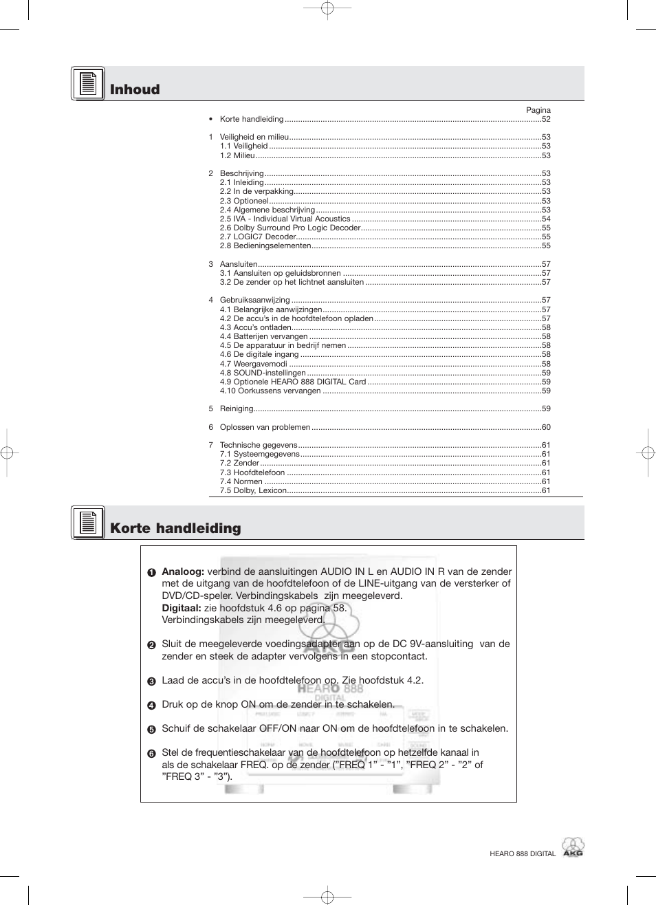 Inhoud korte handleiding | AKG Acoustics HEARO 888 User Manual | Page 52 / 66