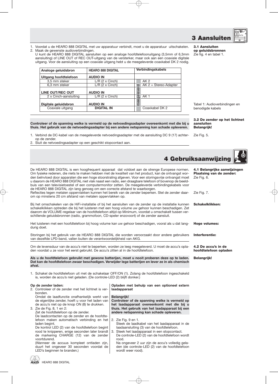 3 aansluiten, 4 gebruiksaanwijzing | AKG Acoustics HEARO 888 User Manual | Page 57 / 66