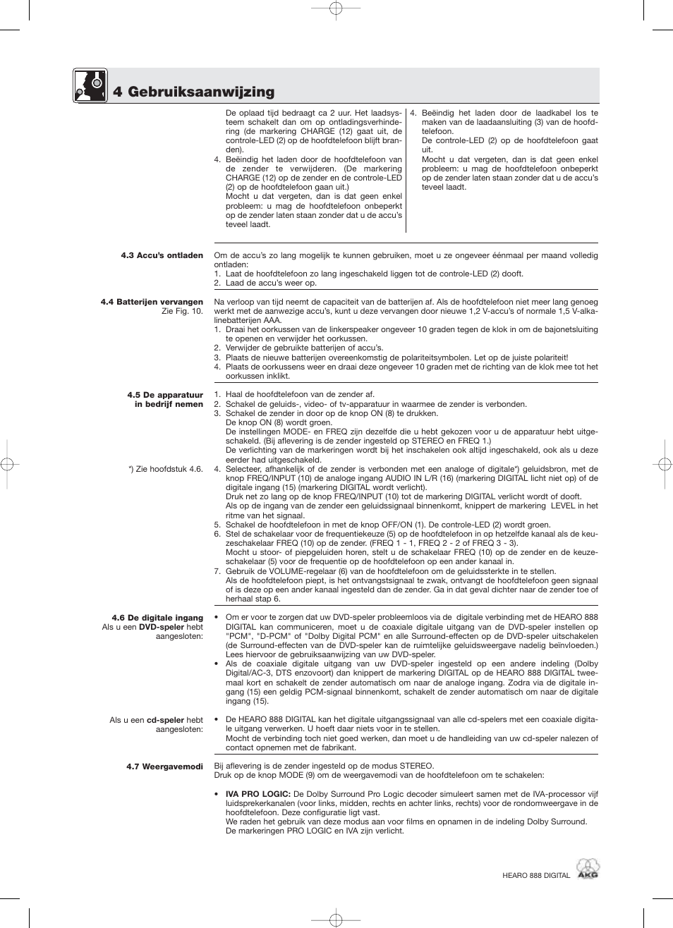 4 gebruiksaanwijzing | AKG Acoustics HEARO 888 User Manual | Page 58 / 66