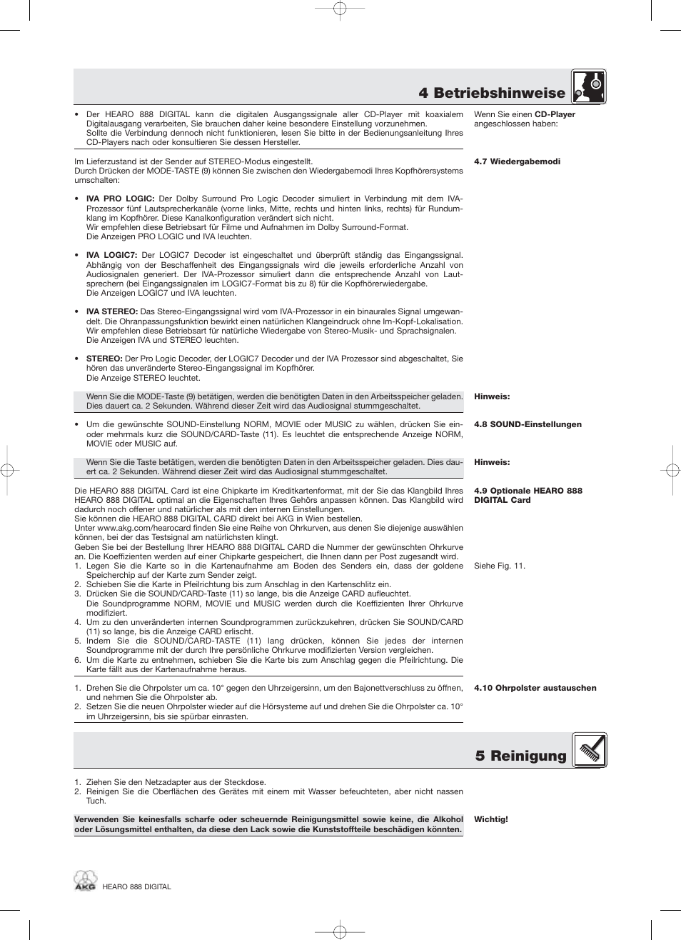 4 betriebshinweise, 5 reinigung | AKG Acoustics HEARO 888 User Manual | Page 9 / 66