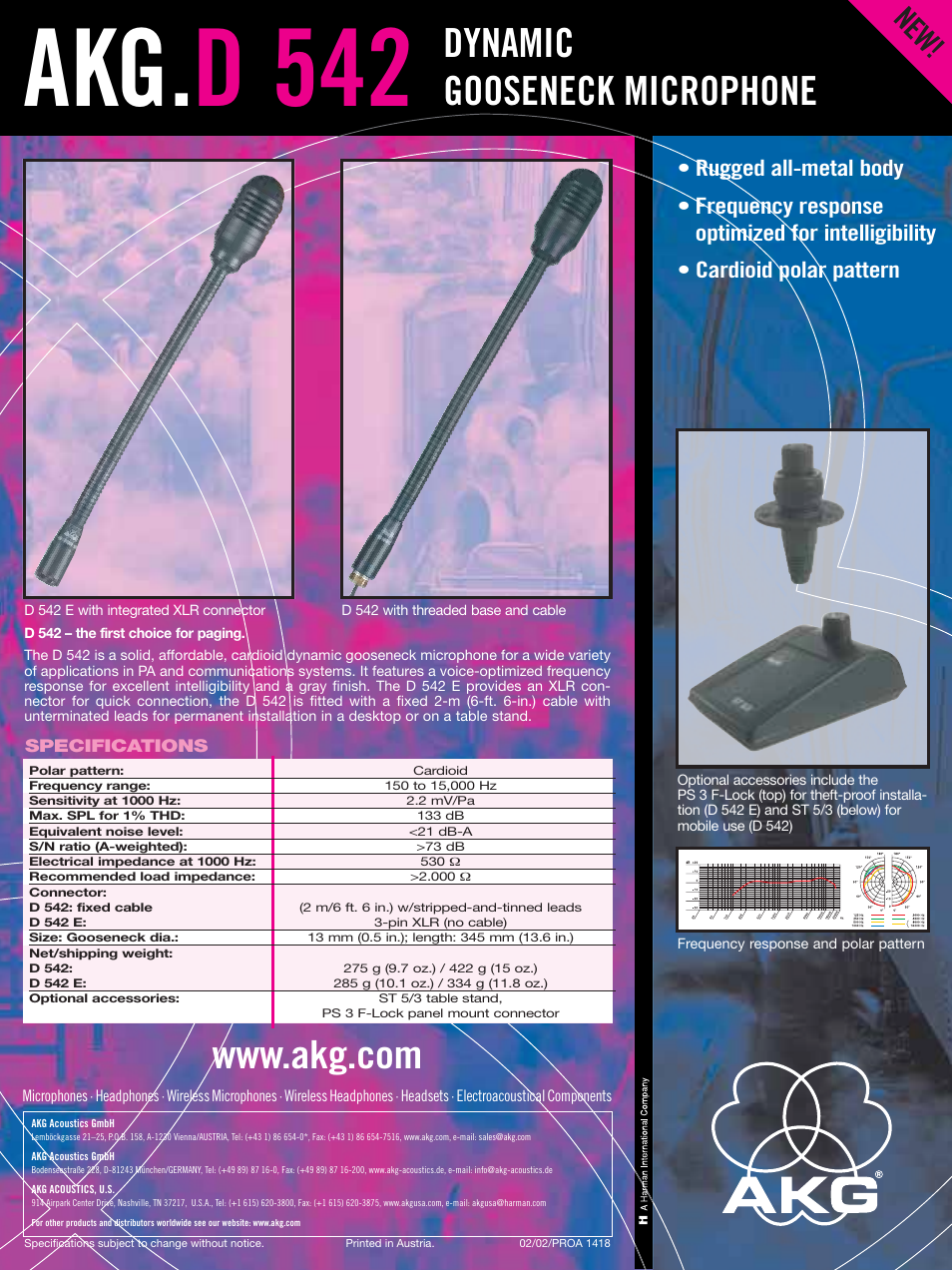 Akg. d 542, Dynamic gooseneck microphone | AKG Acoustics D 542 ST-S User Manual | Page 2 / 2