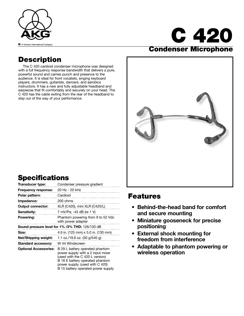 AKG Acoustics C 420 User Manual | 2 pages