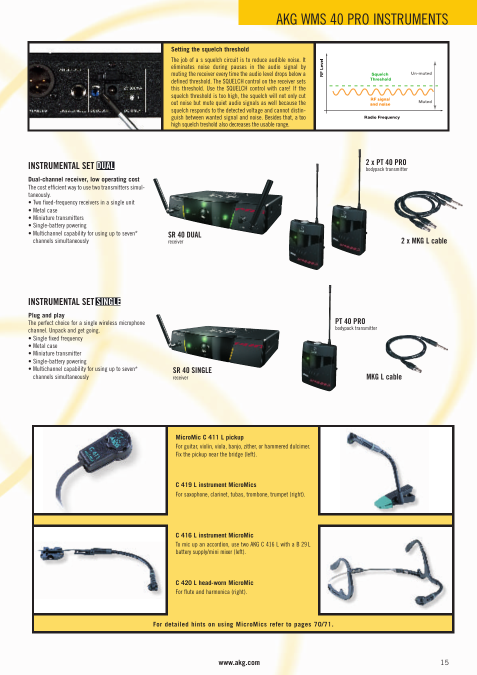 Akg wms 40 pro instruments, Instrumental set dual, Instrumental set single | AKG Acoustics WMS 4000 User Manual | Page 15 / 81