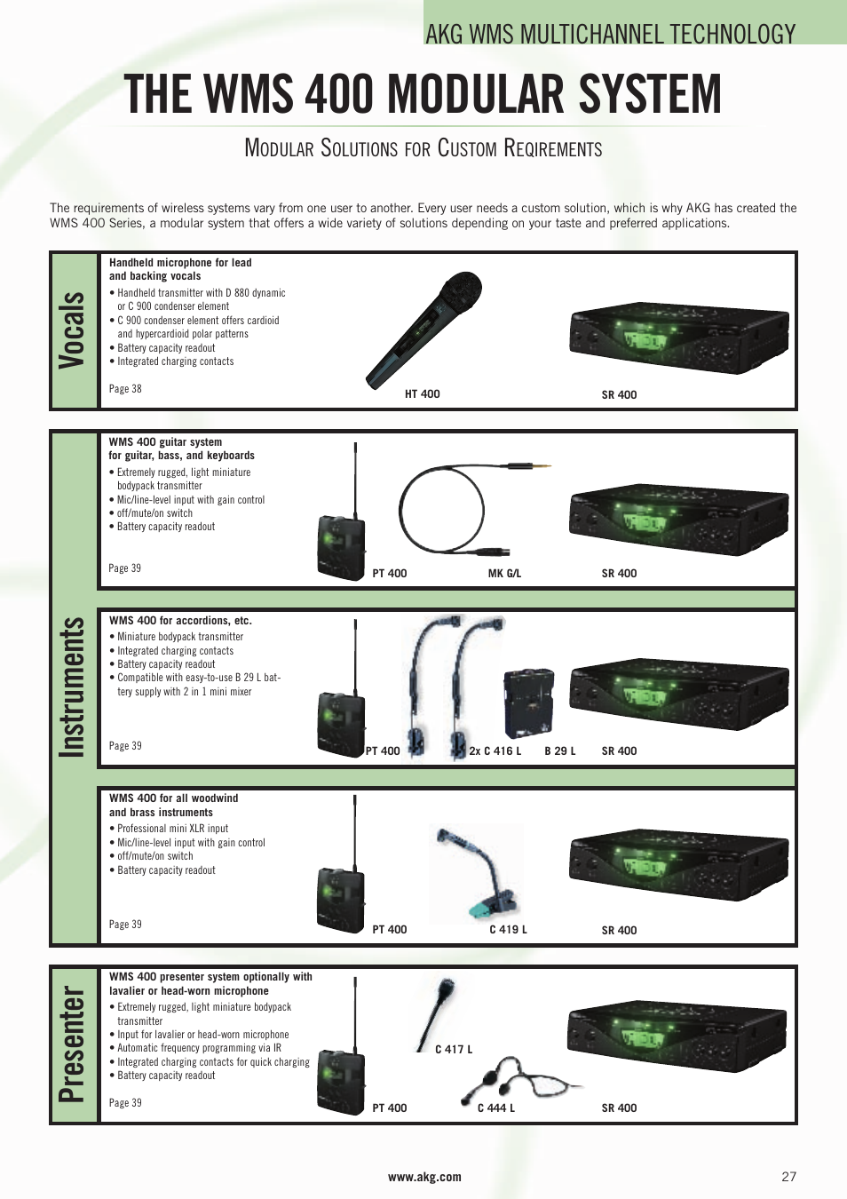 The wms 400 modular system, Vocals, Presenter instruments | Akg wms multichannel technology, Odular, Olutions for, Ustom, Eqirements | AKG Acoustics WMS 4000 User Manual | Page 27 / 81