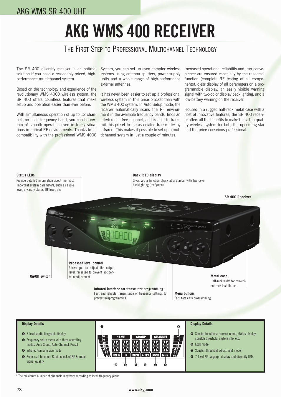 Akg wms 400 receiver, Akg wms sr 400 uhf, Irst | Tep to, Rofessional, Ultichannel, Echnology | AKG Acoustics WMS 4000 User Manual | Page 28 / 81