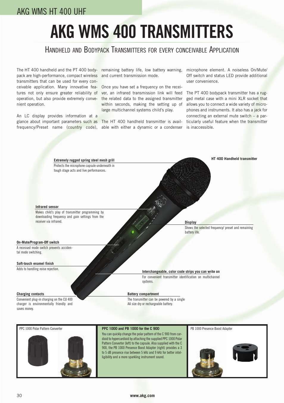 Akg wms 400 transmitters, Akg wms ht 400 uhf, Andheld and | Odypack, Ransmitters for every conceivable, Pplication | AKG Acoustics WMS 4000 User Manual | Page 30 / 81