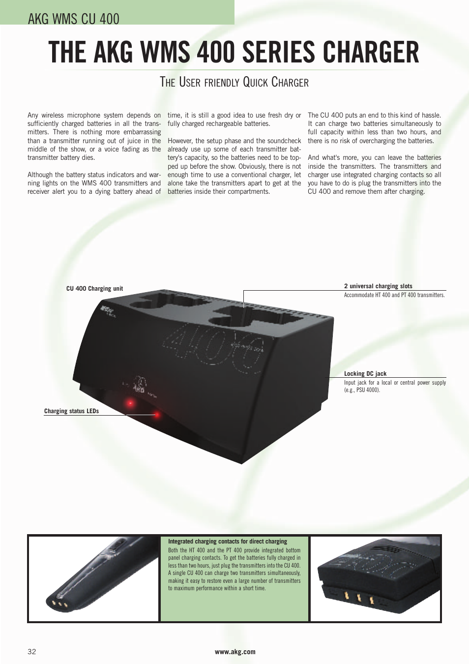 The akg wms 400 series charger, Akg wms cu 400 | AKG Acoustics WMS 4000 User Manual | Page 32 / 81