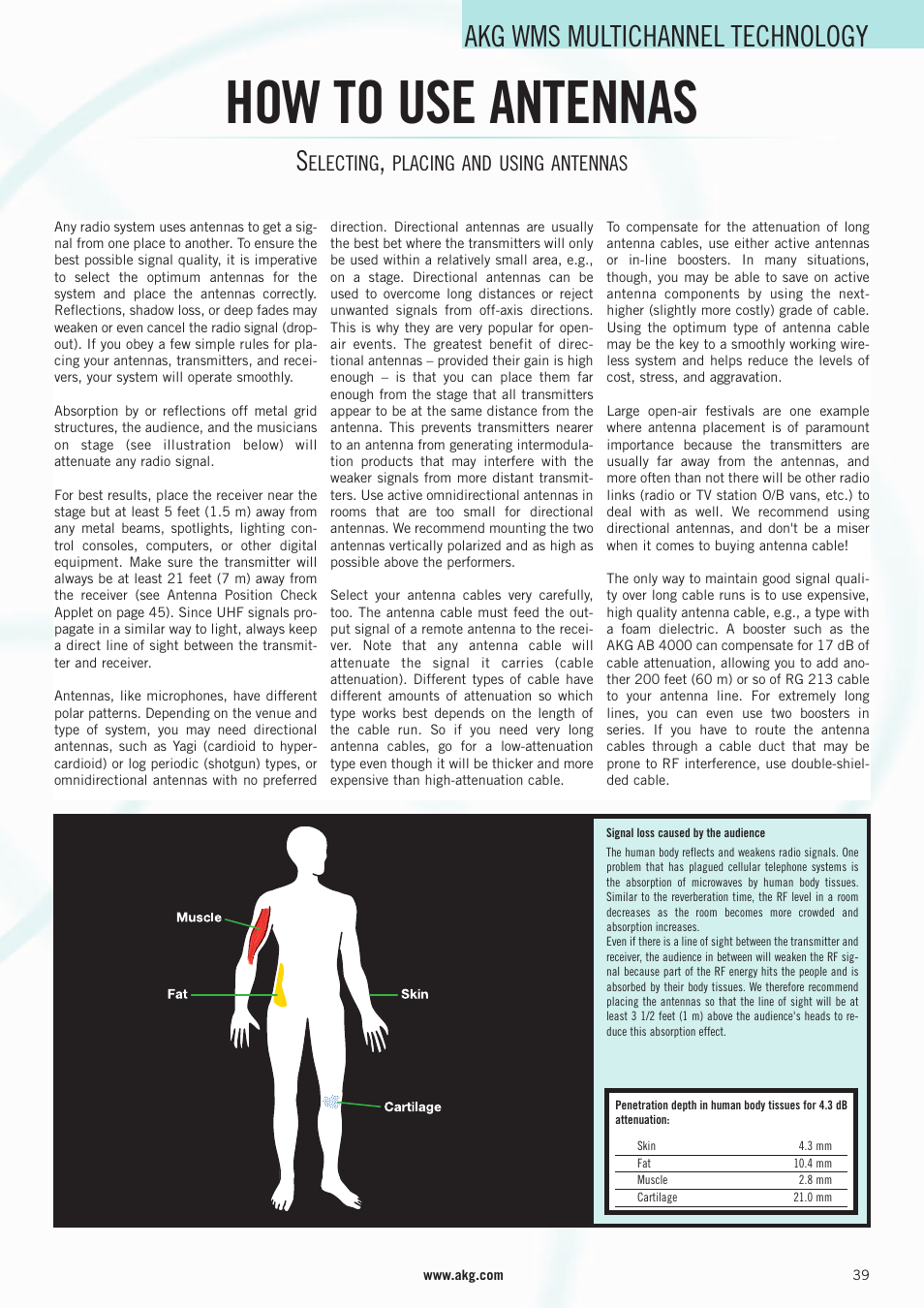 How to use antennas, Akg wms multichannel technology, Electing | Placing and using antennas | AKG Acoustics WMS 4000 User Manual | Page 39 / 81