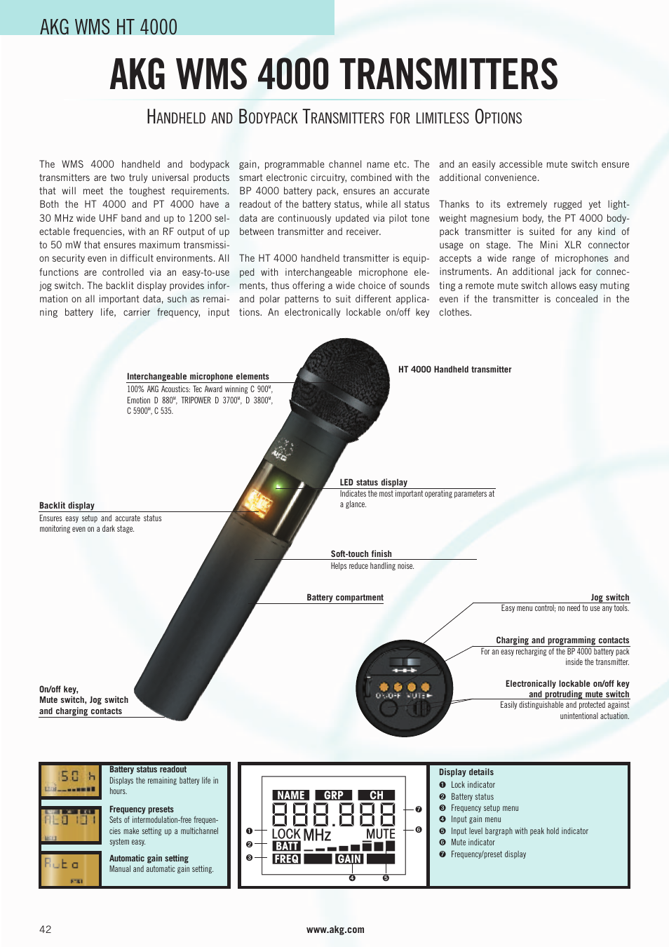 Akg wms 4000 transmitters, Akg wms ht 4000, Andheld and | Odypack, Ransmitters for limitless, Ptions | AKG Acoustics WMS 4000 User Manual | Page 42 / 81