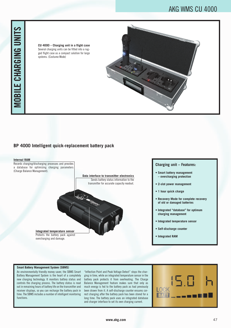 Mobile charging units, Akg wms cu 4000, Bp 4000 intelligent quick-replacement battery pack | AKG Acoustics WMS 4000 User Manual | Page 47 / 81