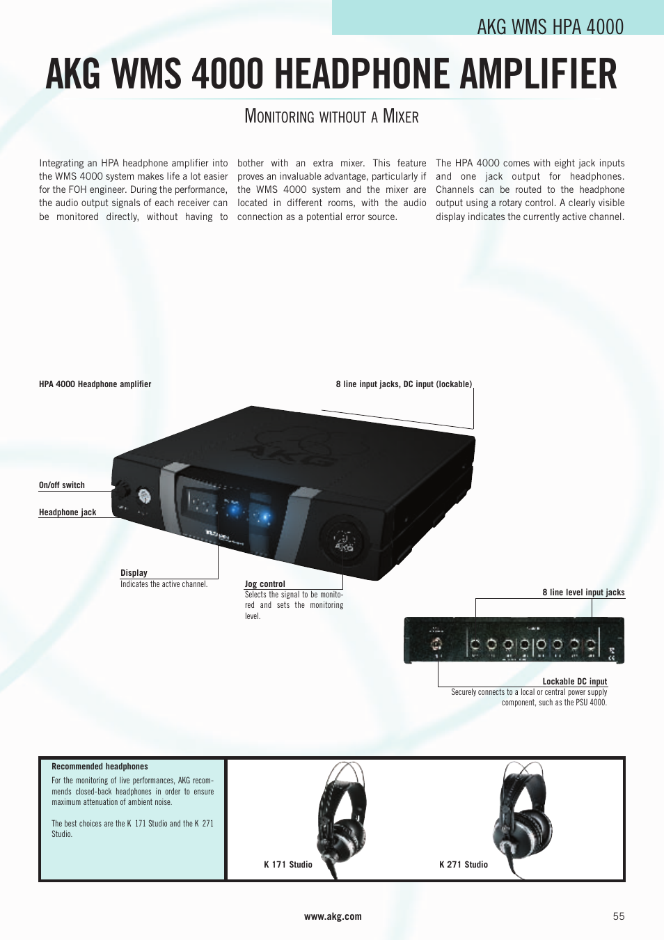 Akg wms 4000 headphone amplifier, Akg wms hpa 4000, Onitoring without a | Ixer | AKG Acoustics WMS 4000 User Manual | Page 55 / 81