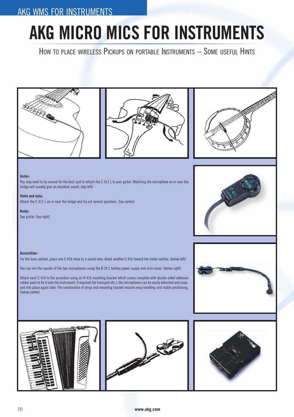 Akg micro mics for instruments, Akg wms for instruments | AKG Acoustics WMS 4000 User Manual | Page 70 / 81