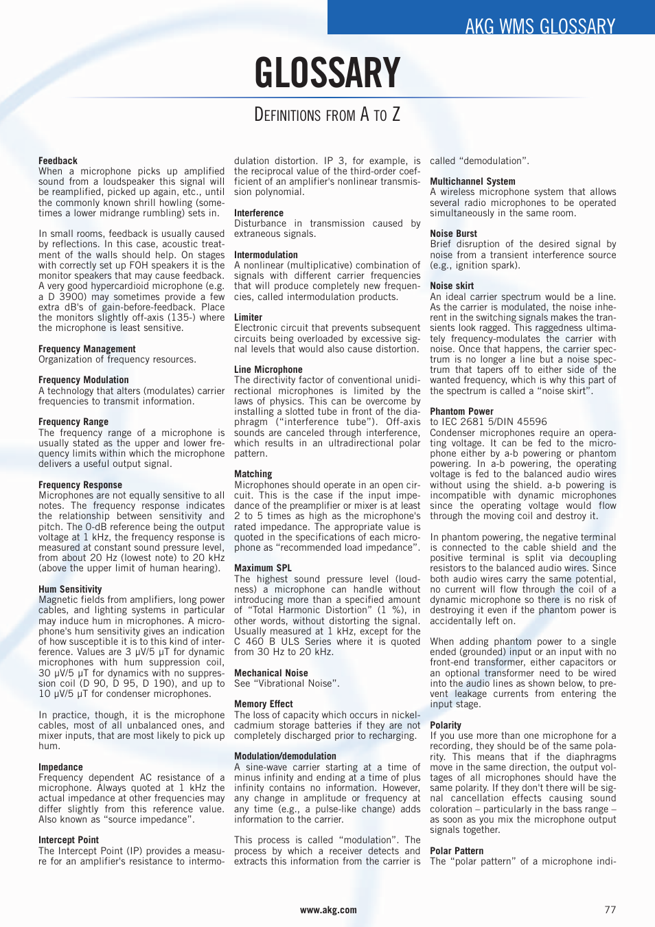 Glossary, Akg wms glossary, Efinitions from | AKG Acoustics WMS 4000 User Manual | Page 77 / 81