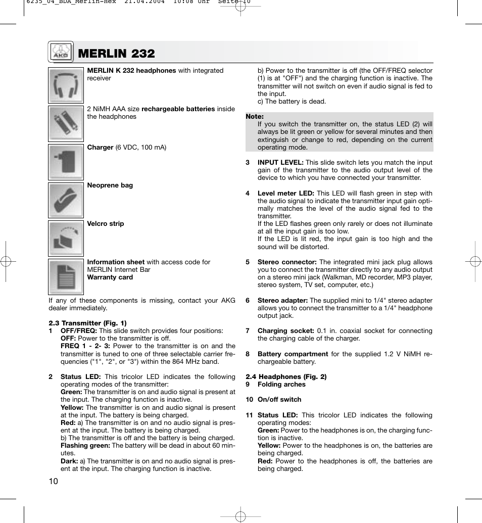 Merlin 232 | AKG Acoustics MERLIN 232 User Manual | Page 10 / 48
