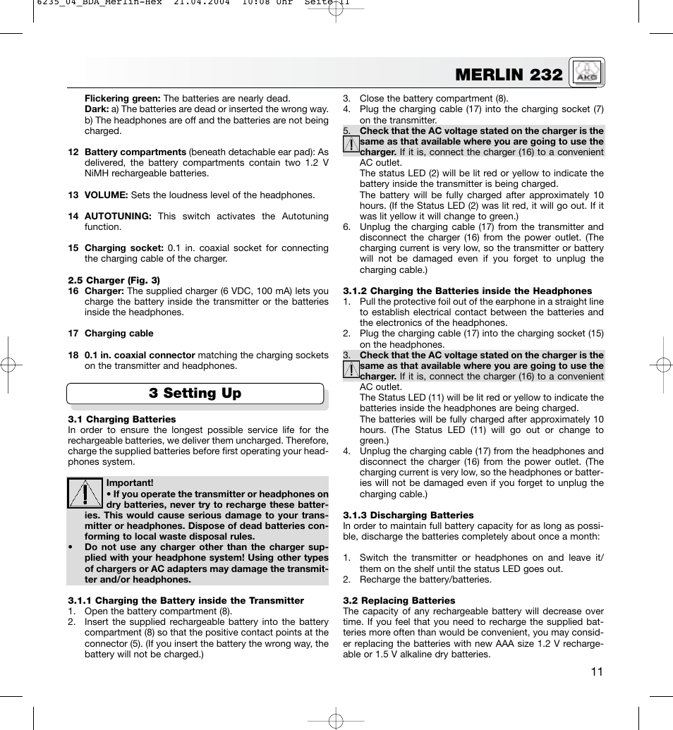 Merlin 232, 3 setting up | AKG Acoustics MERLIN 232 User Manual | Page 11 / 48