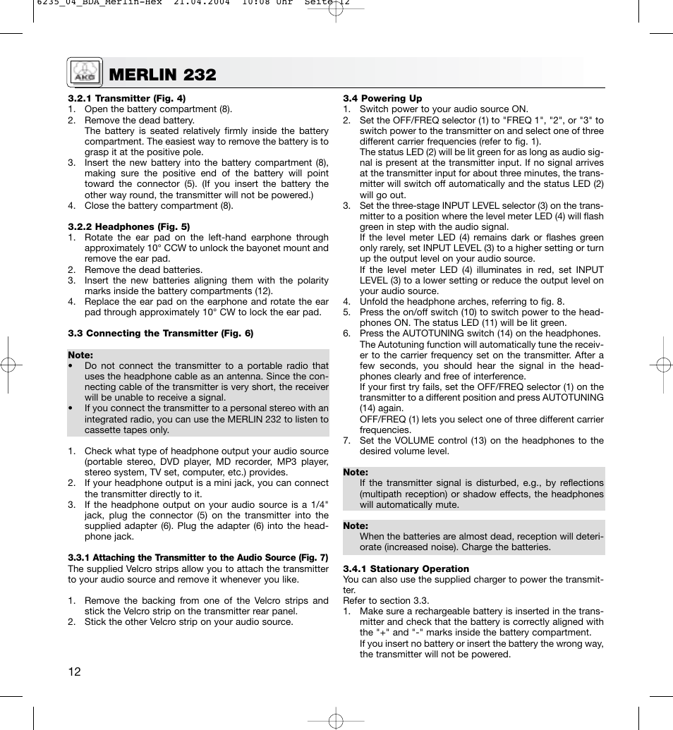 Merlin 232 | AKG Acoustics MERLIN 232 User Manual | Page 12 / 48