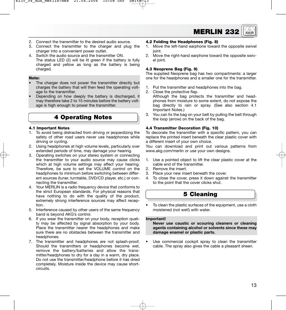 Merlin 232 | AKG Acoustics MERLIN 232 User Manual | Page 13 / 48