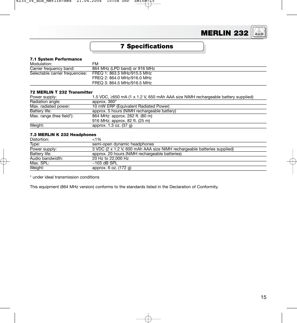 Merlin 232, 7 specifications | AKG Acoustics MERLIN 232 User Manual | Page 15 / 48