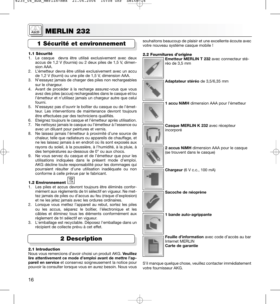 Merlin 232, 1 sécurité et environnement 2 description | AKG Acoustics MERLIN 232 User Manual | Page 16 / 48