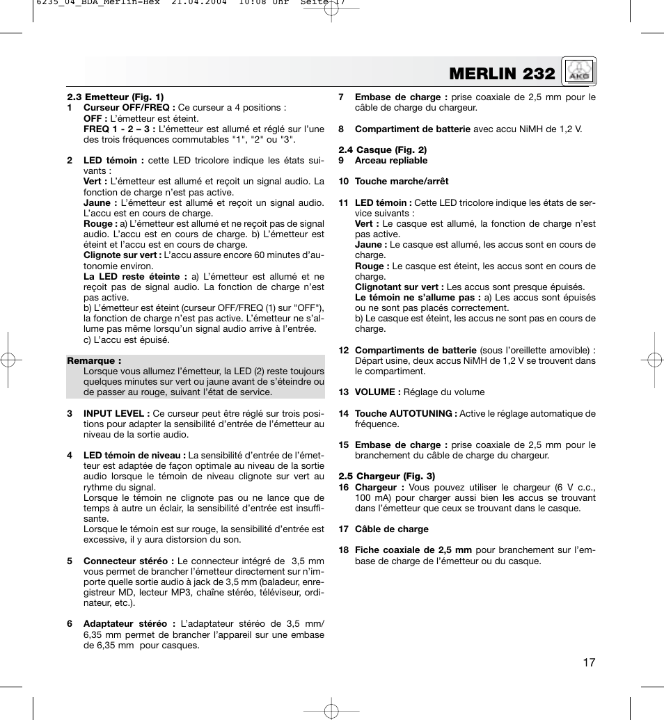 Merlin 232 | AKG Acoustics MERLIN 232 User Manual | Page 17 / 48