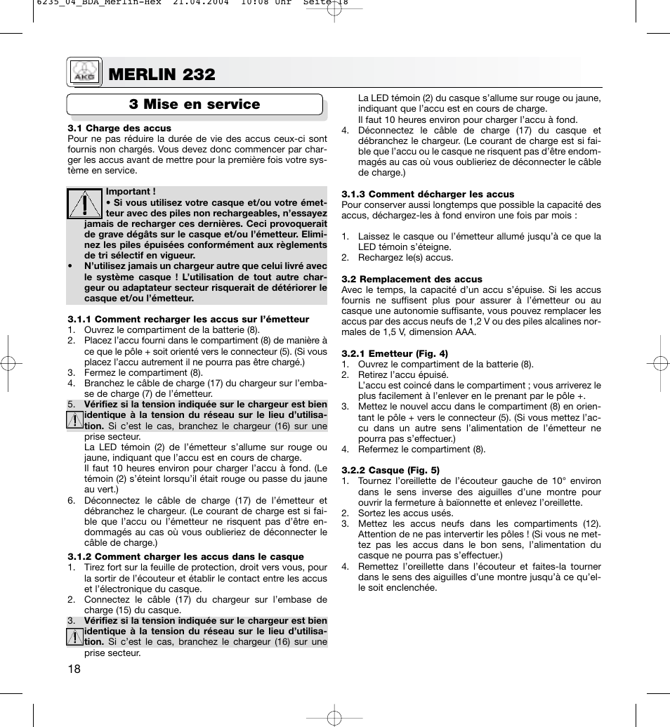 Merlin 232, 3 mise en service | AKG Acoustics MERLIN 232 User Manual | Page 18 / 48