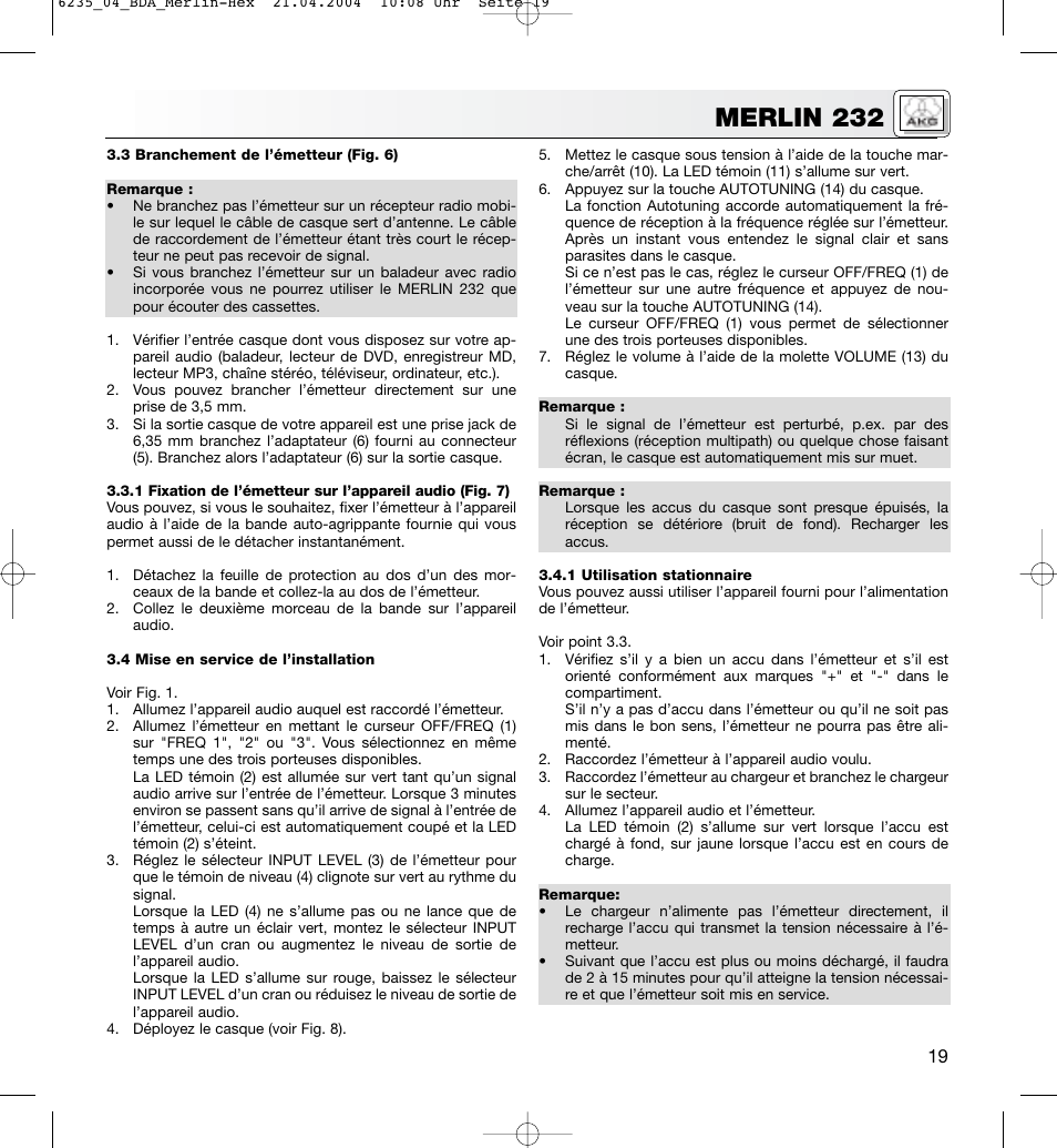 Merlin 232 | AKG Acoustics MERLIN 232 User Manual | Page 19 / 48