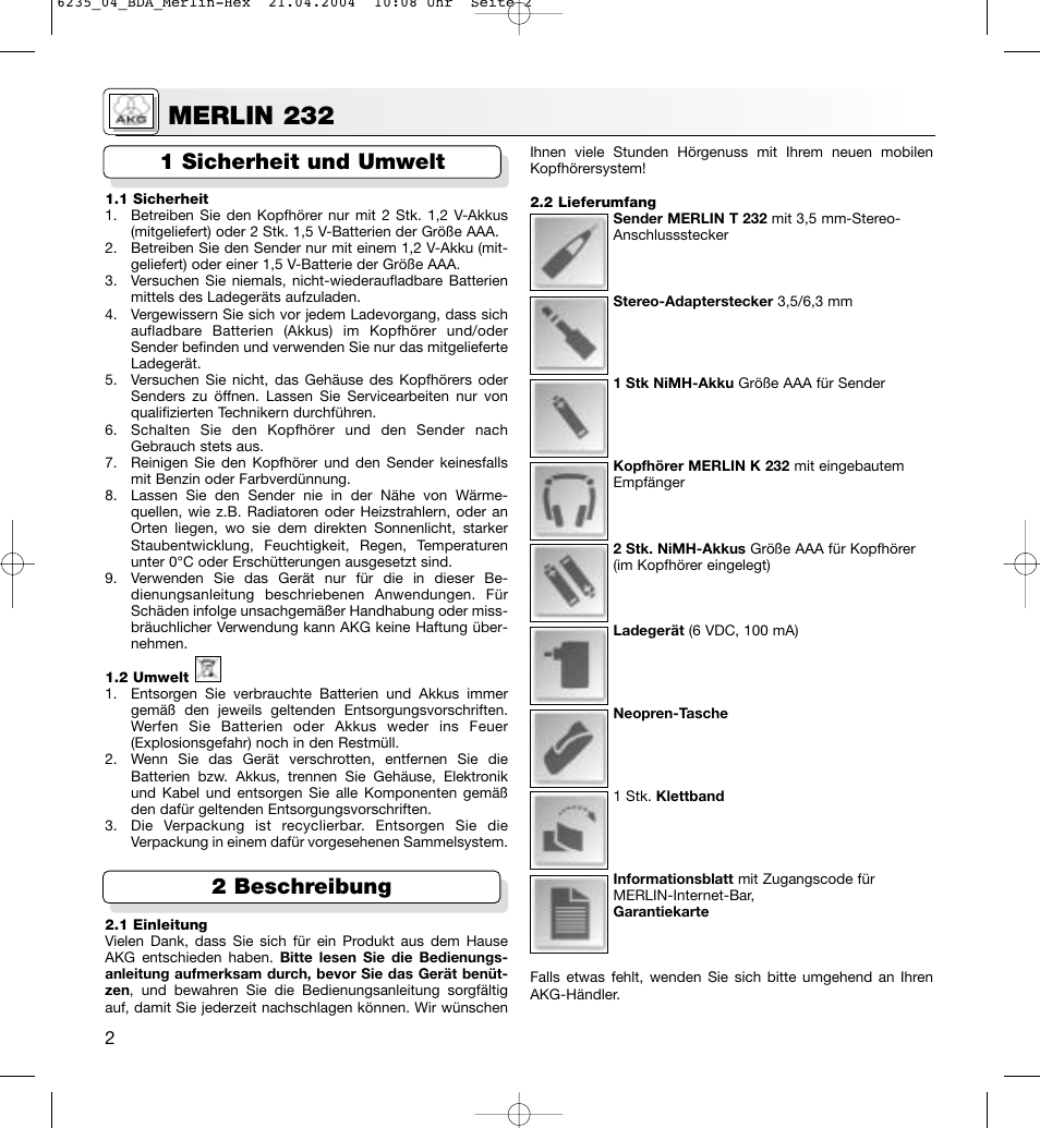 Merlin 232, 1 sicherheit und umwelt 2 beschreibung | AKG Acoustics MERLIN 232 User Manual | Page 2 / 48