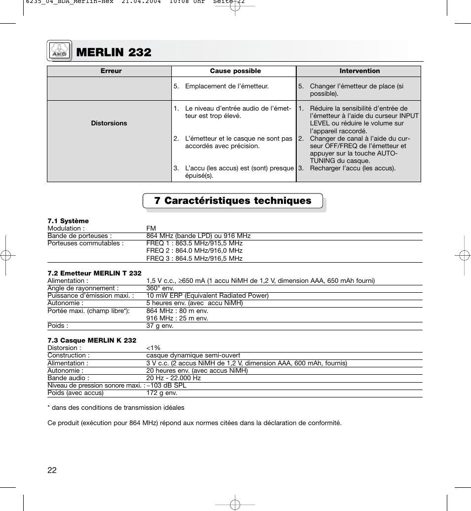 Merlin 232, 7 caractéristiques techniques | AKG Acoustics MERLIN 232 User Manual | Page 22 / 48